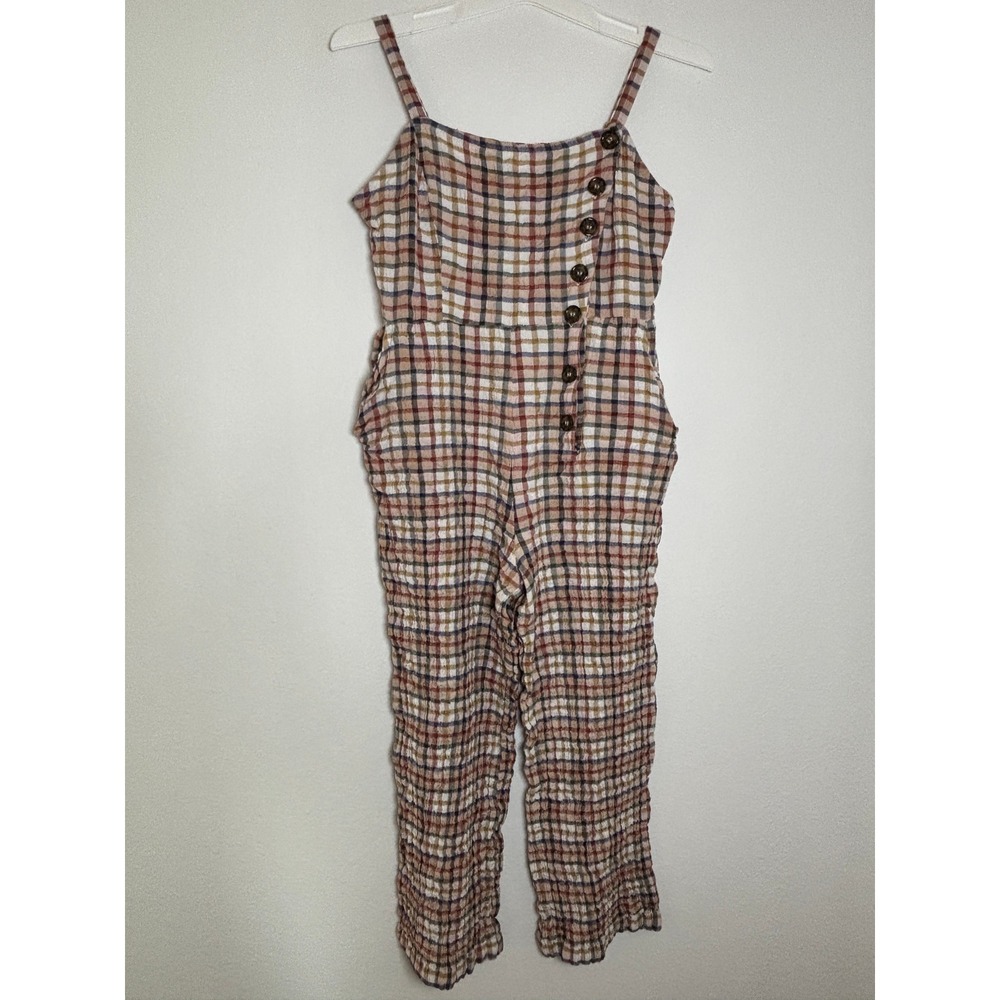 ONLY Plaid Seersucker Jumpsuit Sleeveless Side Button Check Multi-Color Size 34